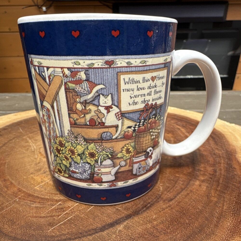 Lang & Wise Within This Home Blue Hearts Cat Scene Ceramic Coffee Mug